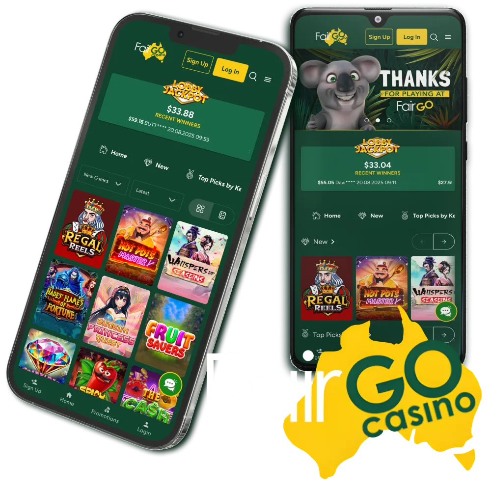 Fair Go Casino mobile app for Android and iOS.