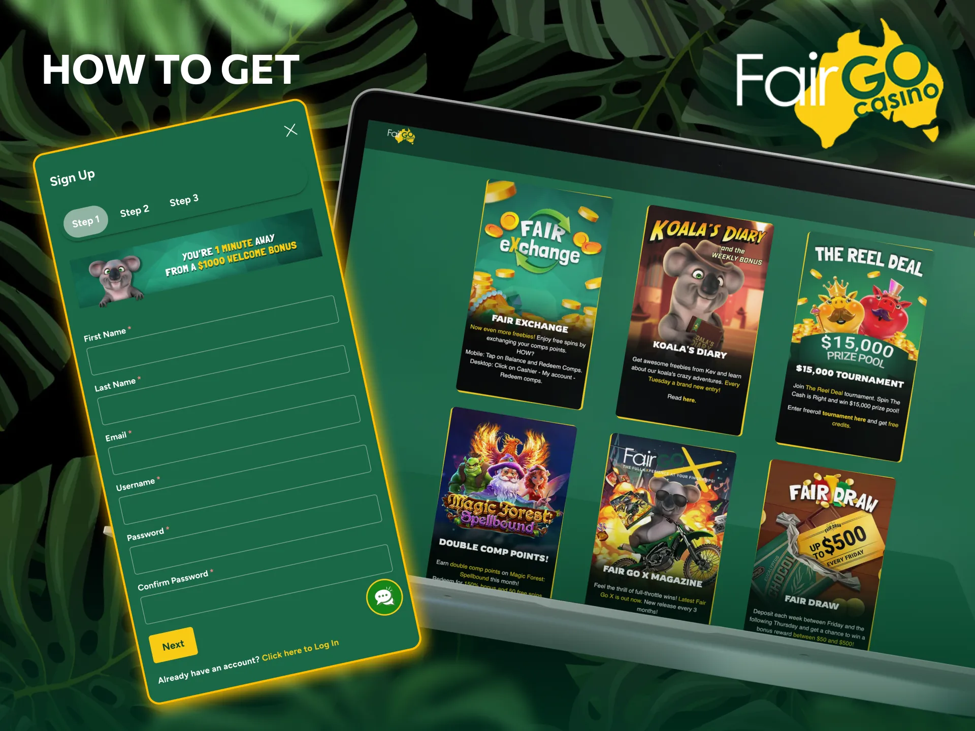 Sign up, deposit, and enter bonus code to claim Fair Go Casino rewards.