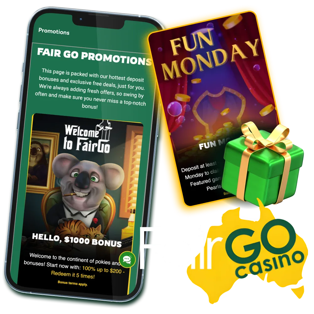 Welcome package at Fair Go Casino includes 100% deposit match and spins.