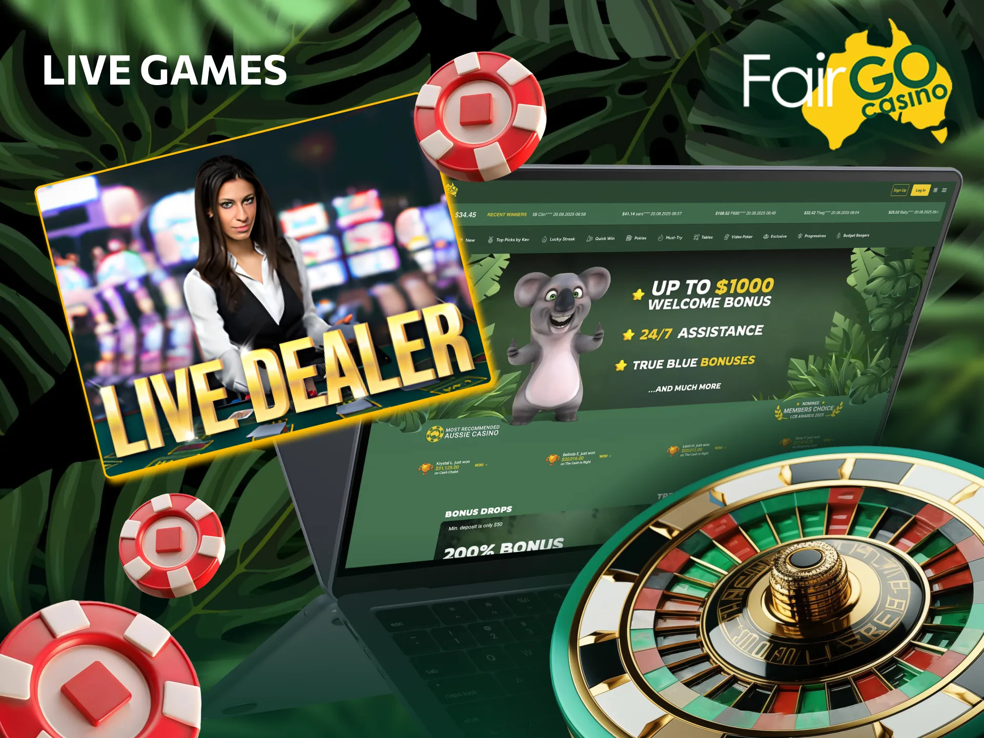 Play games with live dealers in the Live Games section at Fair Go Casino.