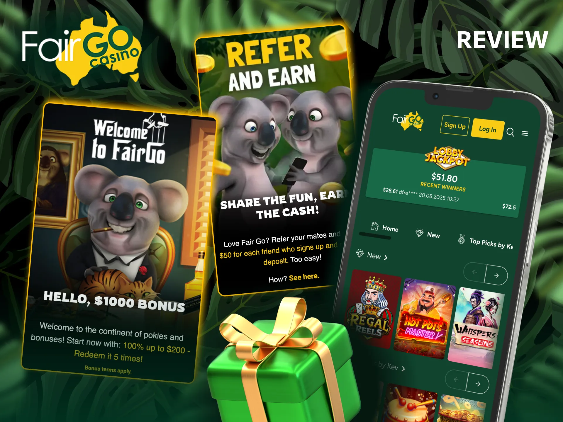 No deposit bonuses at Fair Go Casino include cash and free spins.