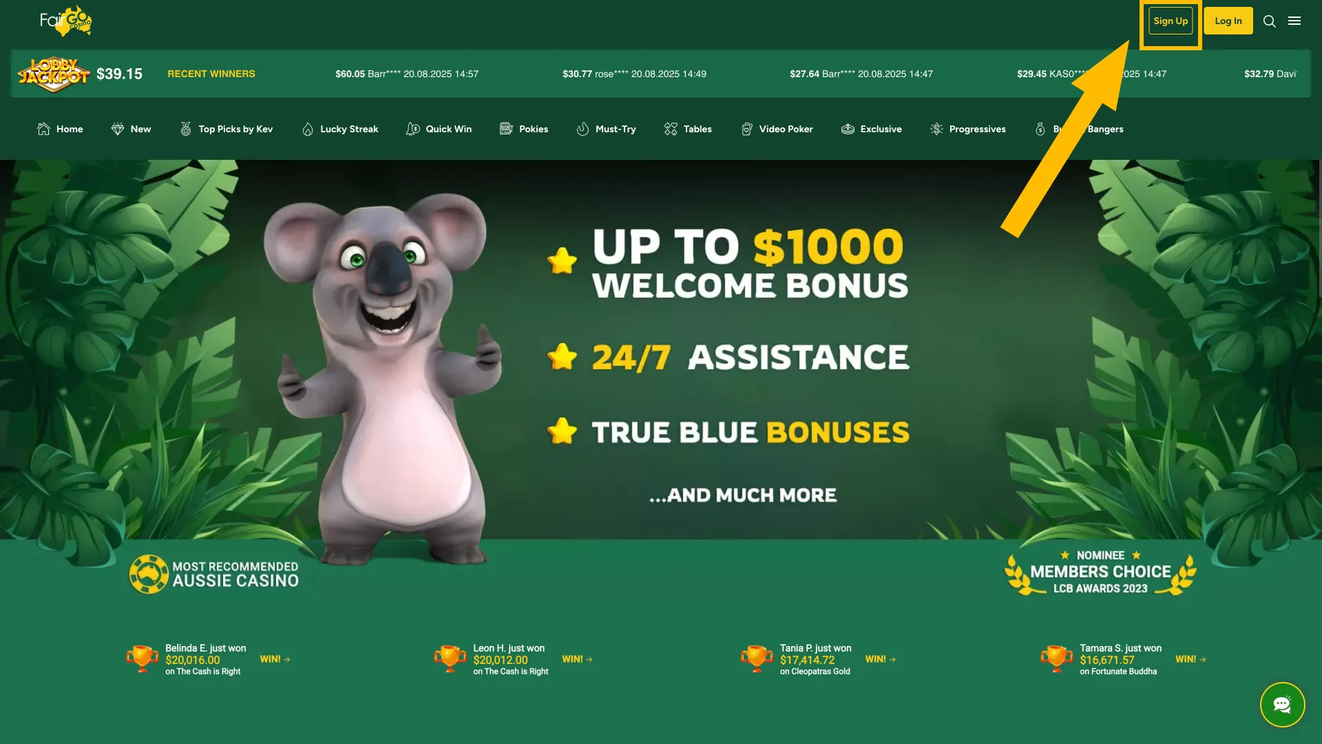 Tap Sign Up to enter the Fair Go Casino main menu.