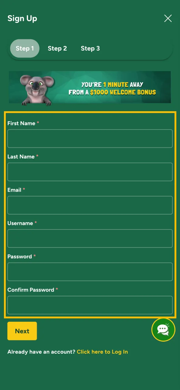 Fair Go Casino registration starts by tapping Sign Up.