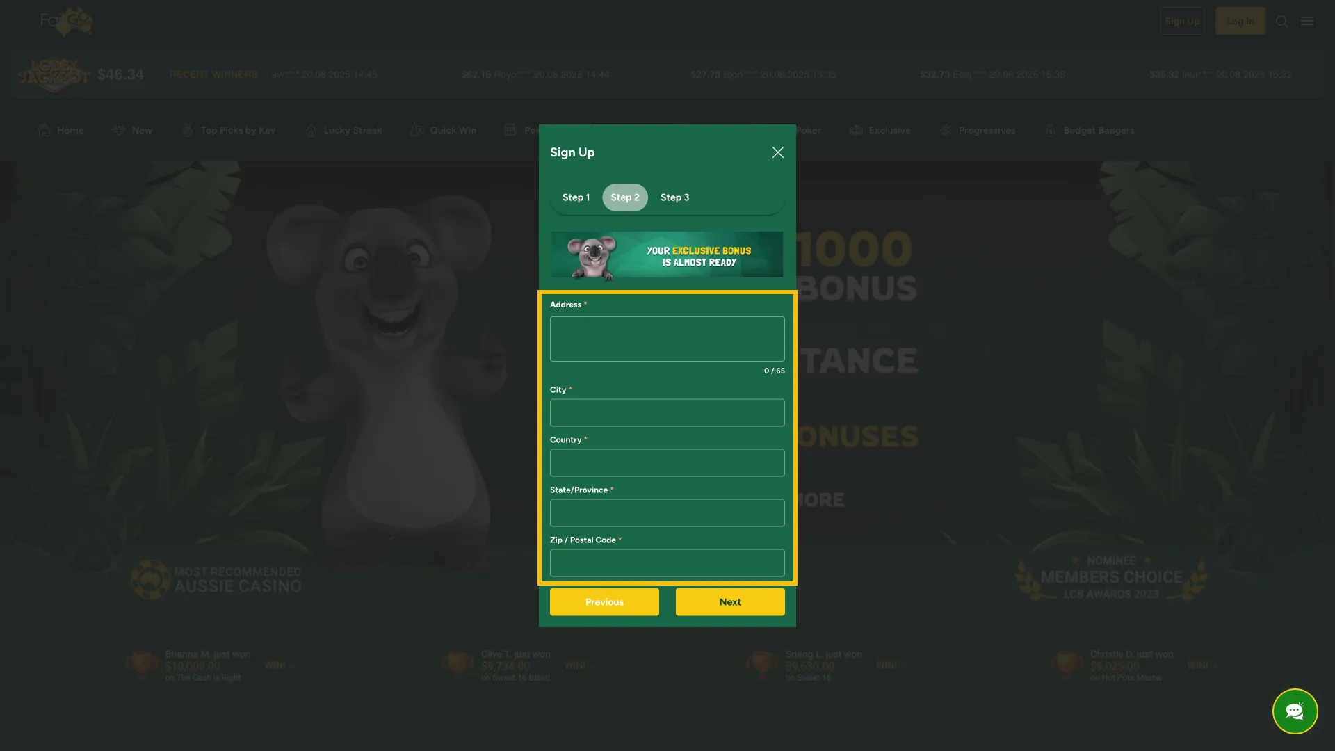 Fair Go Casino requires location details for account setup.